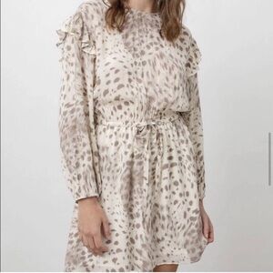 Rails Ora Puma Animal Print Ruffle Cream and Brown Long Sleeve Dress